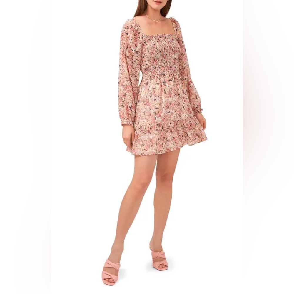 1.STATE Smocked Square Neck Long Sleeve Dress - Pink Flower size XL